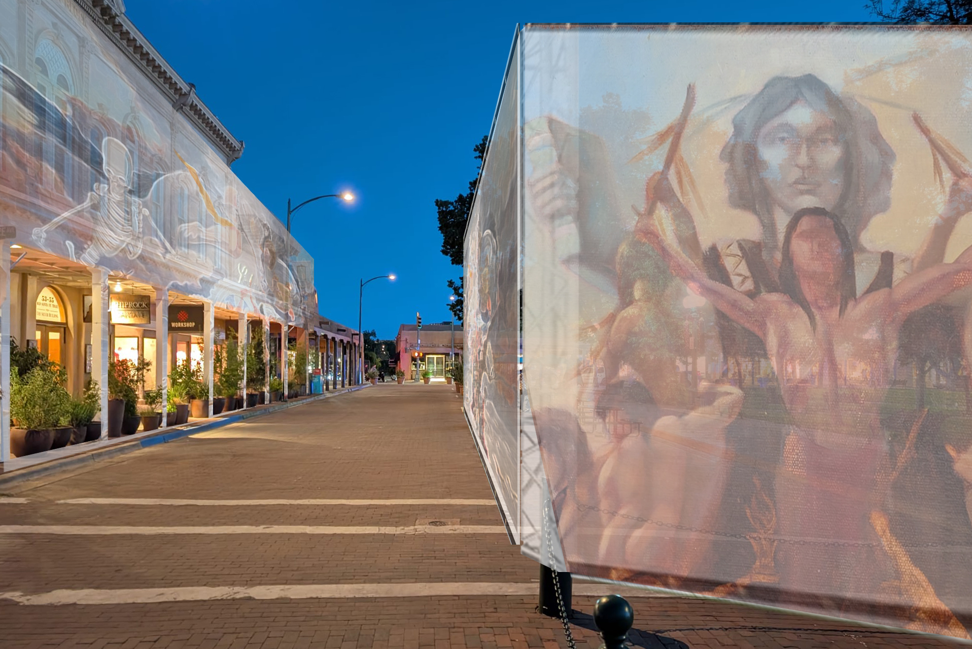 Poteet Victory's paintings projected on Canyon Road buildings, Santa Fe — concept render