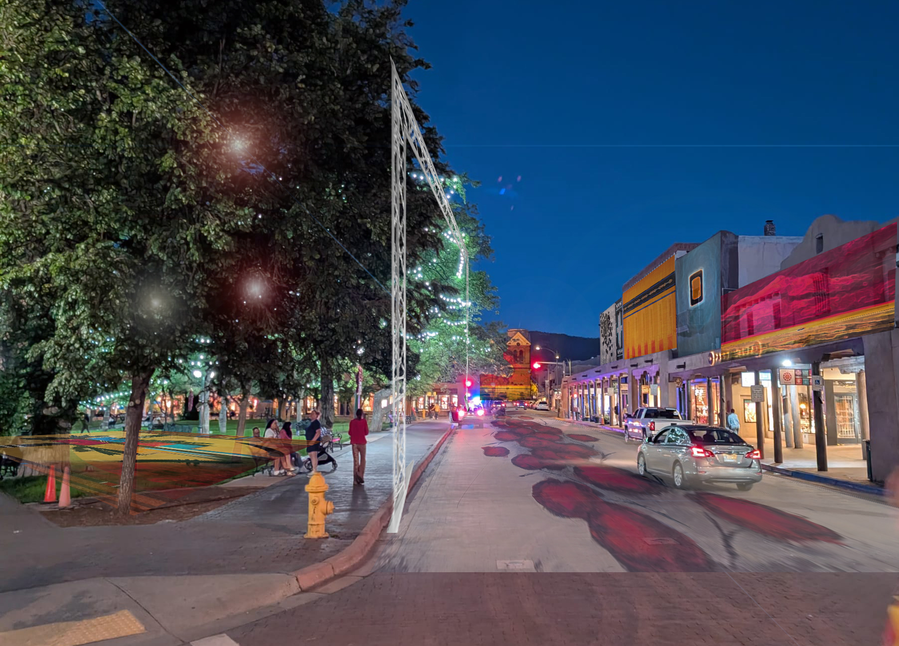Poteet Victory's paintings projected across Santa Fe Plaza at night — concept render